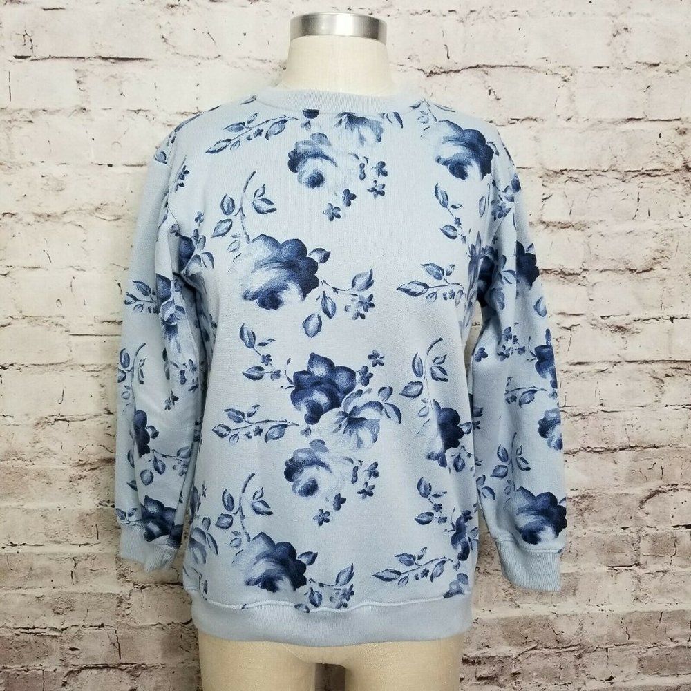 Jennifer Moore Womens P Petites Blue Rose Floral Crewneck Pullover Sweatshirt‎